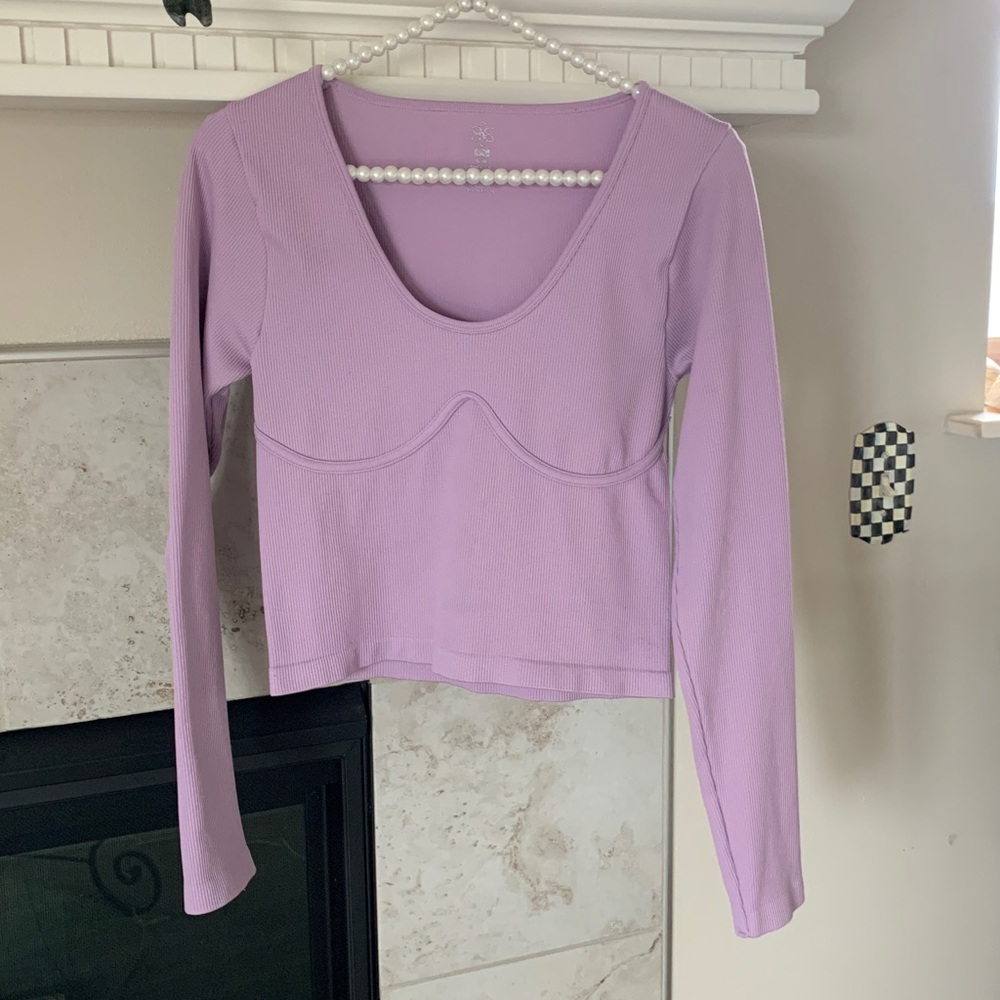 Aura Lovely Lilac Rib Knit Crop Scoop Neck L/S Active Top Size XL/XXL